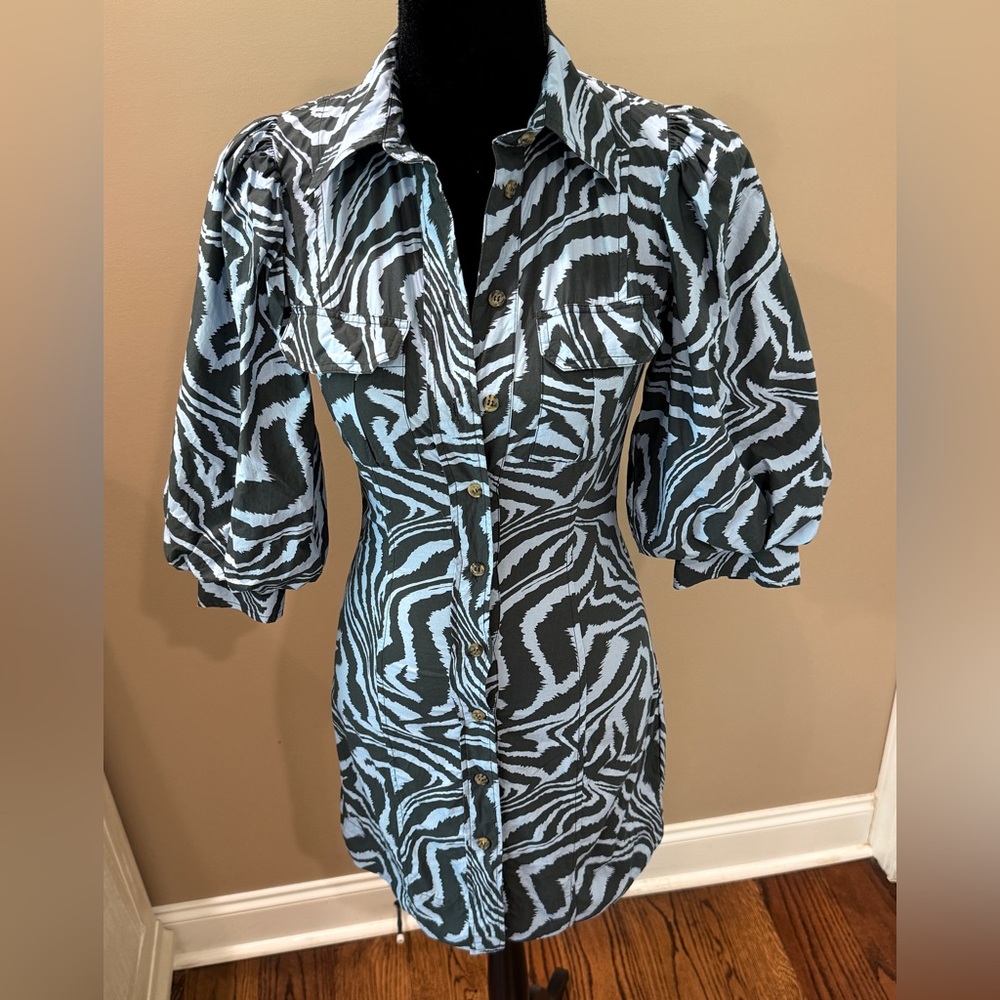 Women’s GANNI blue swirl pouf sleeve dress- Size 34 - Picture 5 of 10